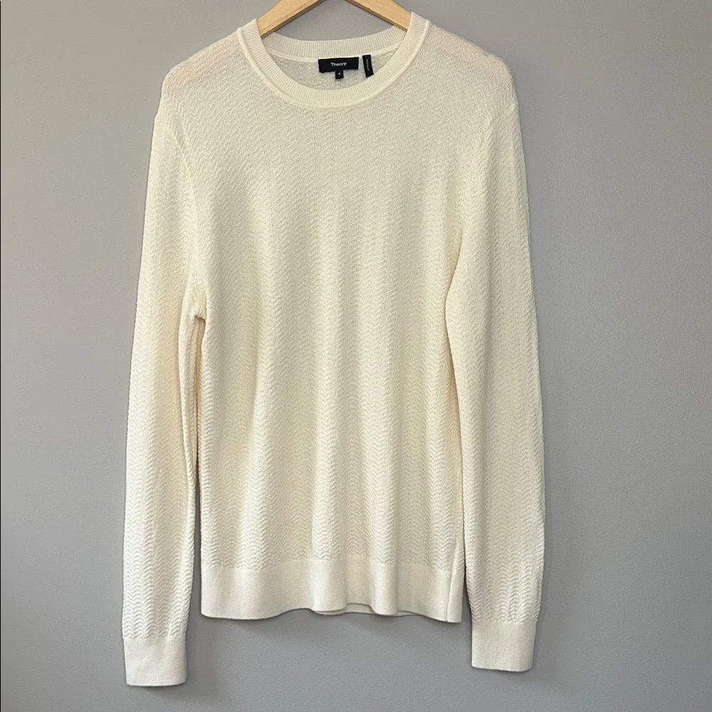 Theory Men’s Merino Wool Crewneck Pullover Herringbone Knit Sweater Medium Ivory
